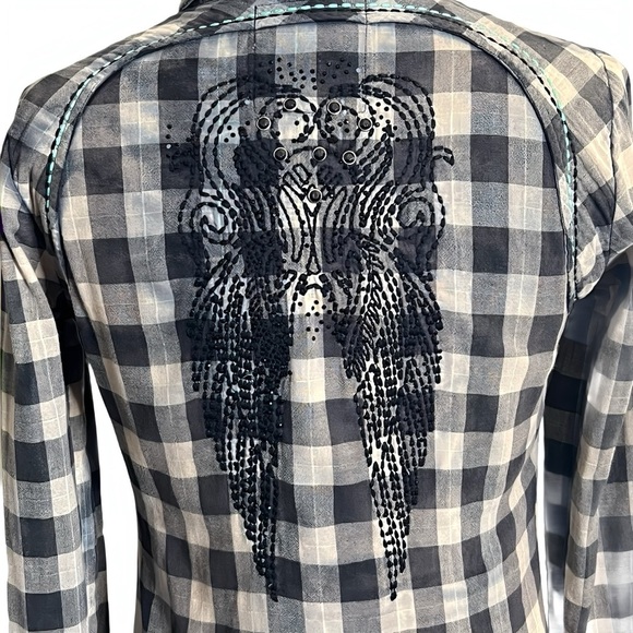 Roar Western Rock Urban Embroidered Plaid Button Up Embroidered Wings W Size M - Picture 6 of 15
